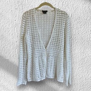 Eddie Bauer Hand-Crocheted White Open Linen Blend Knit Cardigan Sweater Size M
